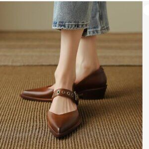 YDN Brown Pointed Toe Mary Jane Chunky Heels Loafers Hollow Buckle Shoes